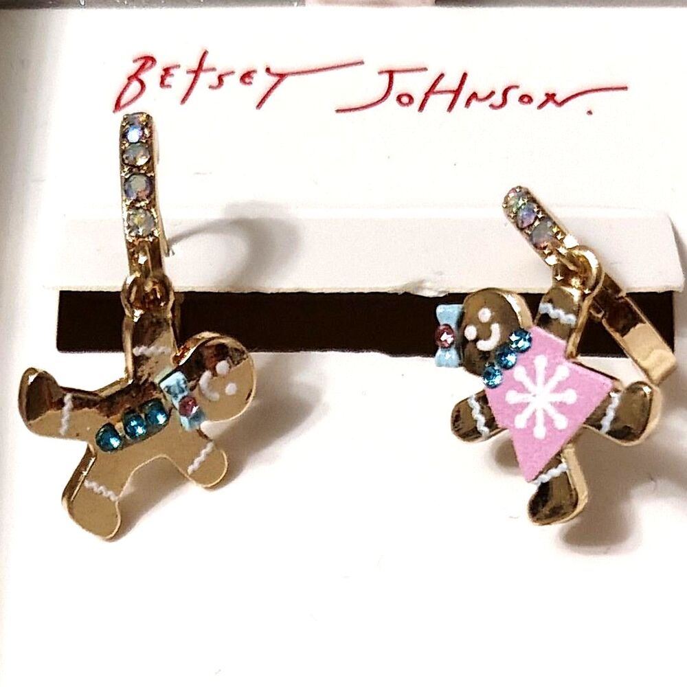 Betsey Johnson Pastel & Gold  Gingerbread Couple Dangle Earrings New In Gift Box